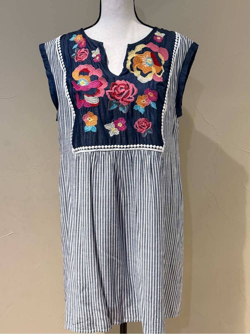 ANDREE BY UNIT Navy Sleeveless Striped Dress with Vibrant Floral Embroidery